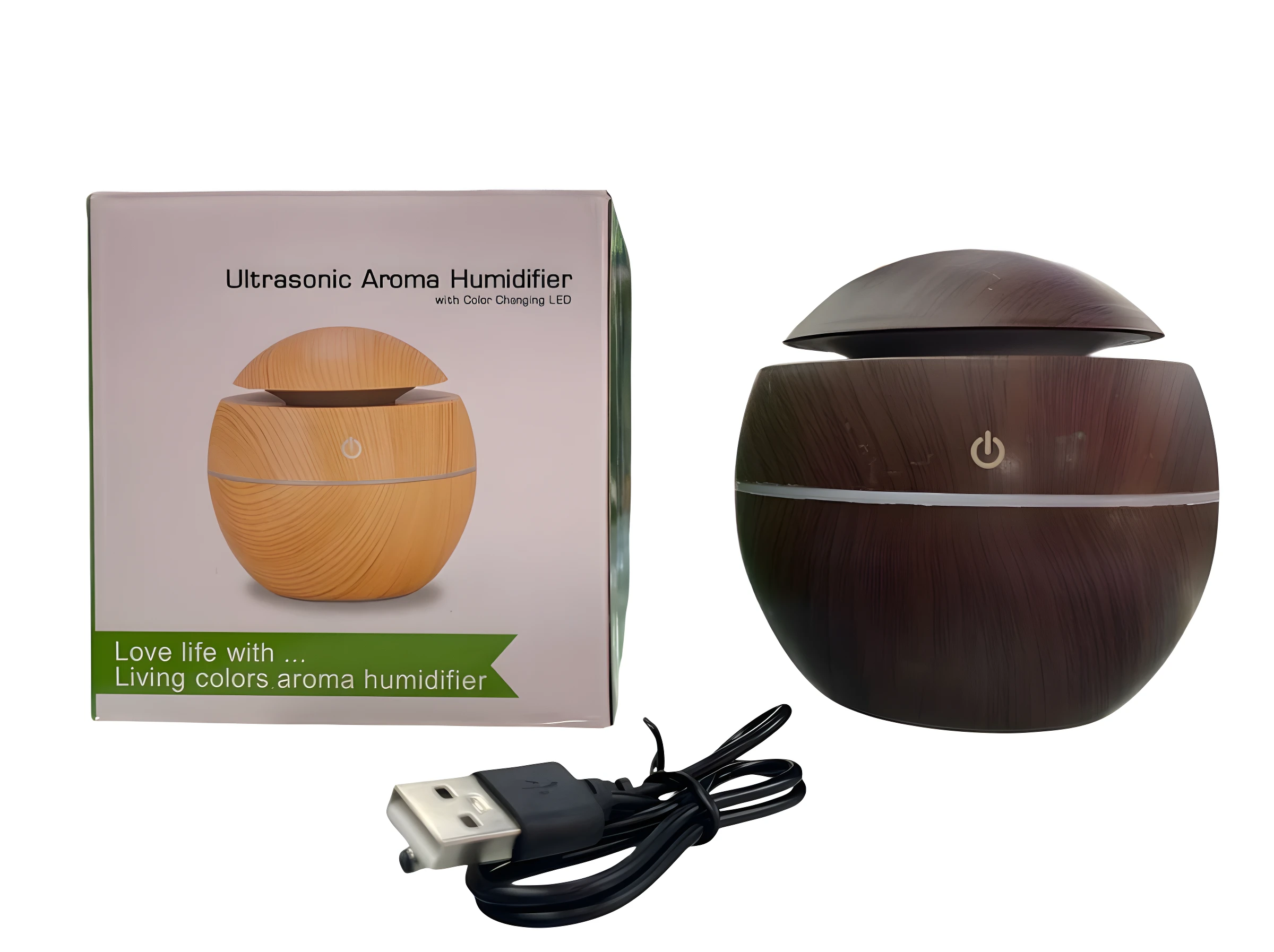 Humidificador aromático ultrasónico diseño bola madera oscura con cable USB, caja de producto al lado.