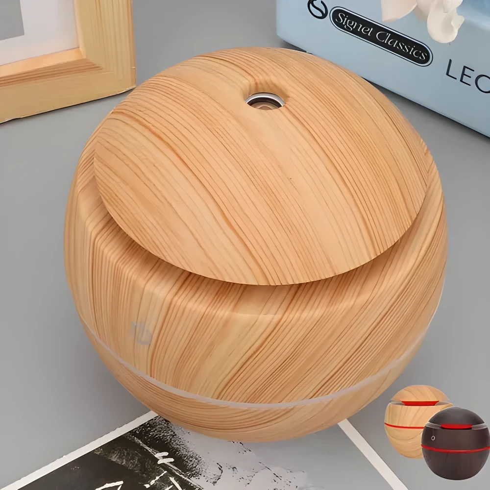 Humidificador difusor ultrasónico diseño bola madera, con luz LED, 3 colores disponibles.