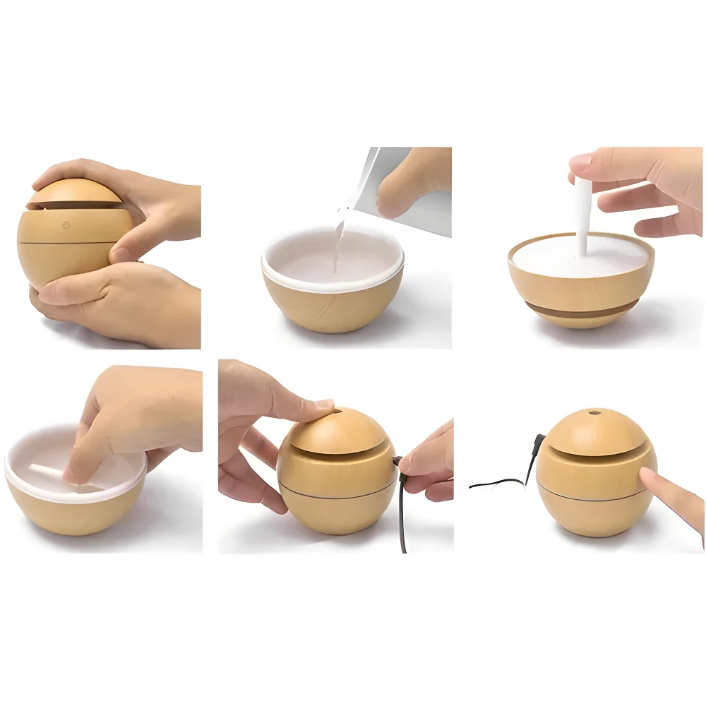 Humidificador ultrasónico diseño bola madera clara, llenando con agua y conectando cable para aromatizar espacios.