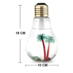 Humidificador en forma de bombilla con dos palmeras rojas, 18 cm alto, 10 cm ancho.