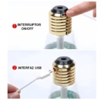 Humidificador bombilla dorada con botón on/off y puerto USB, ideal para ambientar espacios.