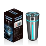 Humidificador portátil negro y azul para coche y oficina, con indicador de luz LED, en caja ilustrada.