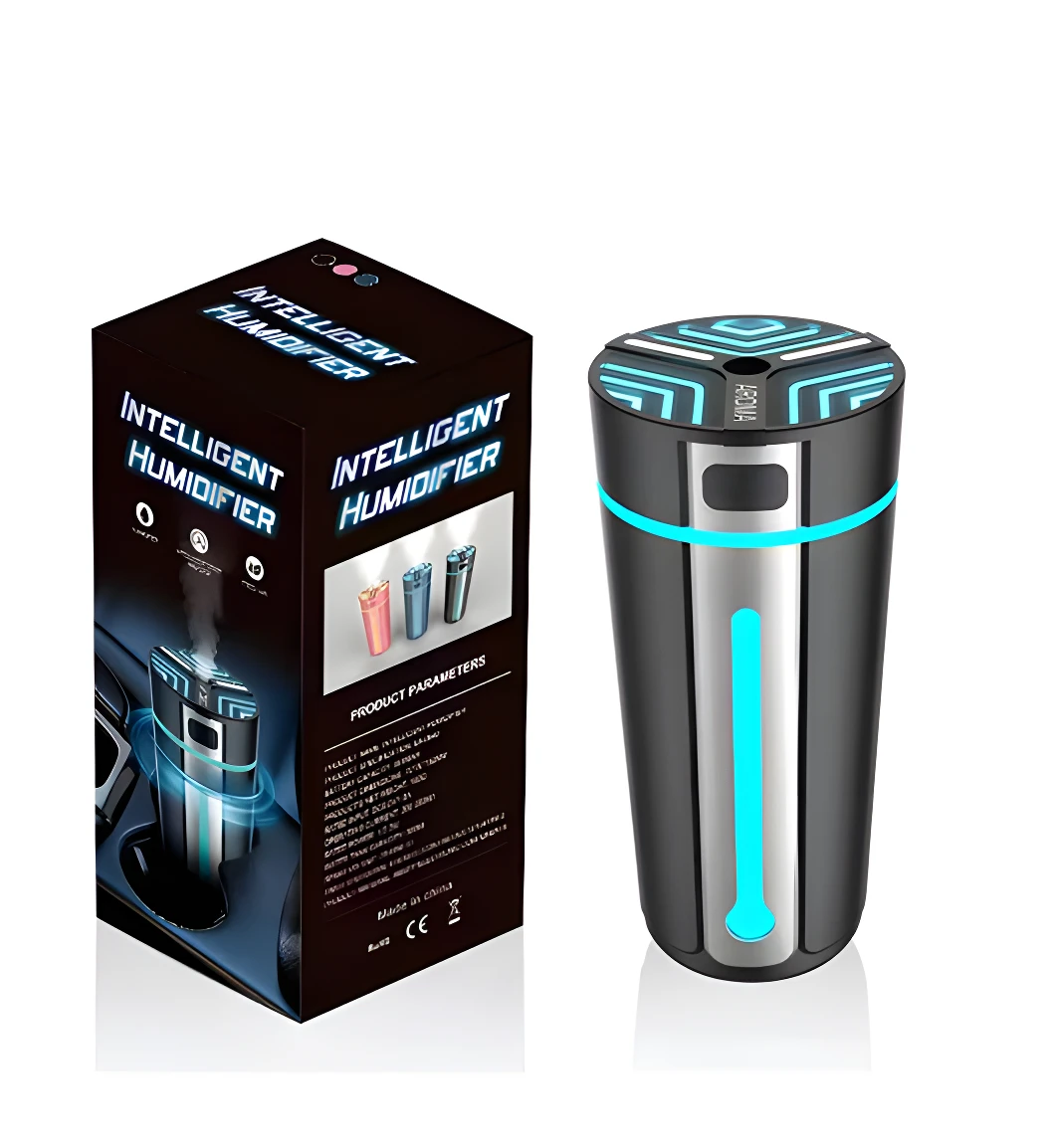 Humidificador portátil negro y azul para coche y oficina, con indicador de luz LED, en caja ilustrada.