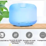 Humidificador difusor de 300ml con luz LED ambiental azul, 4 temporizadores y ajuste de niebla.