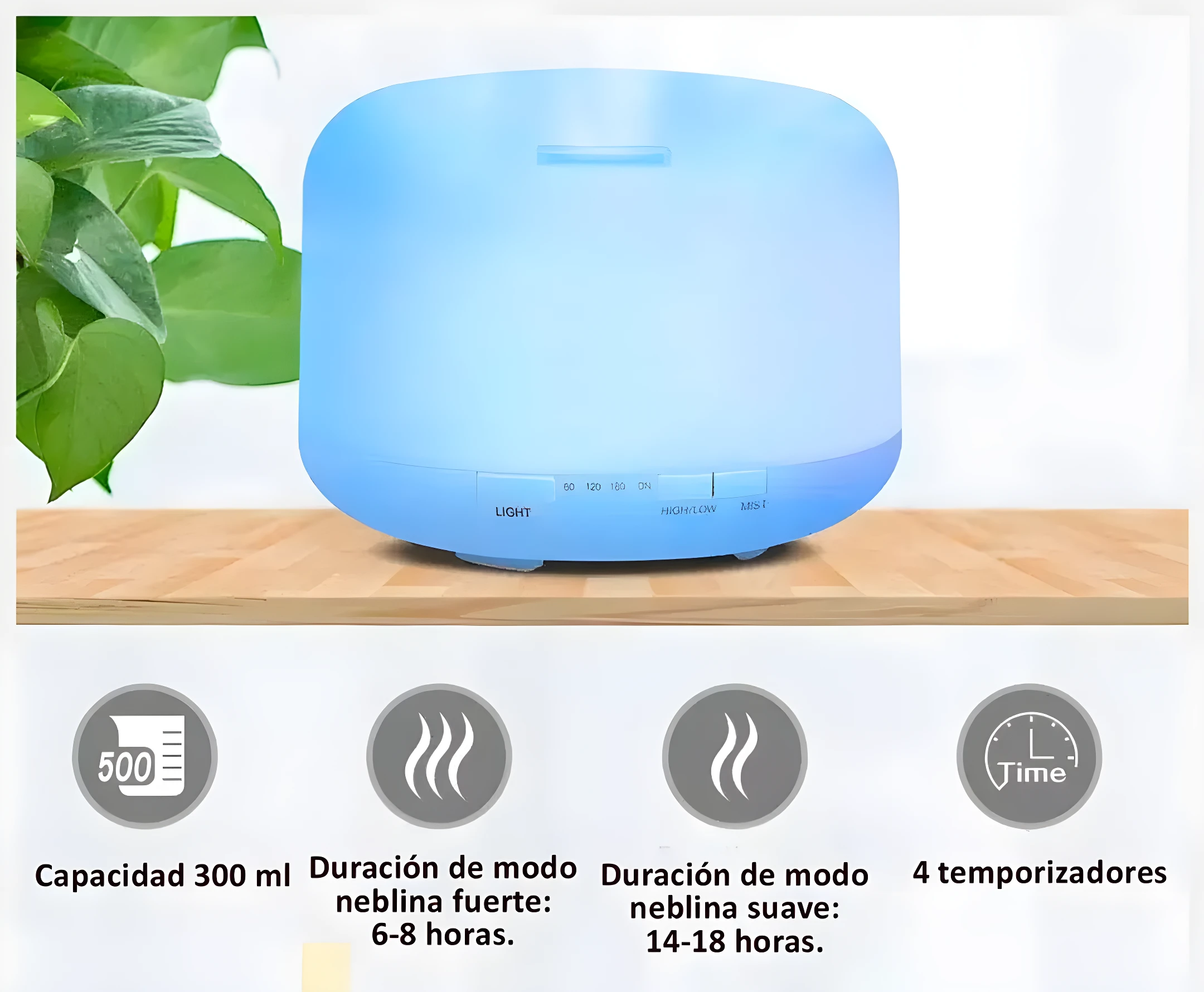 Humidificador difusor de 300ml con luz LED ambiental azul, 4 temporizadores y ajuste de niebla.