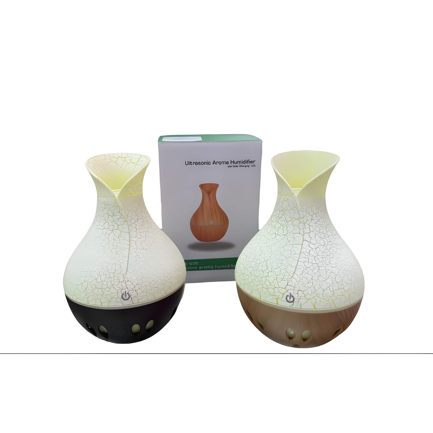 Humidificador difusor aromas USB diseño jarra, superficie blanca craquelada, base oscura, dos unidades y caja.