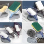 Set x2 jaboneras drenantes con forma de hoja, 1 transparente con jabón amarillo, 1 azul con esponja verde.