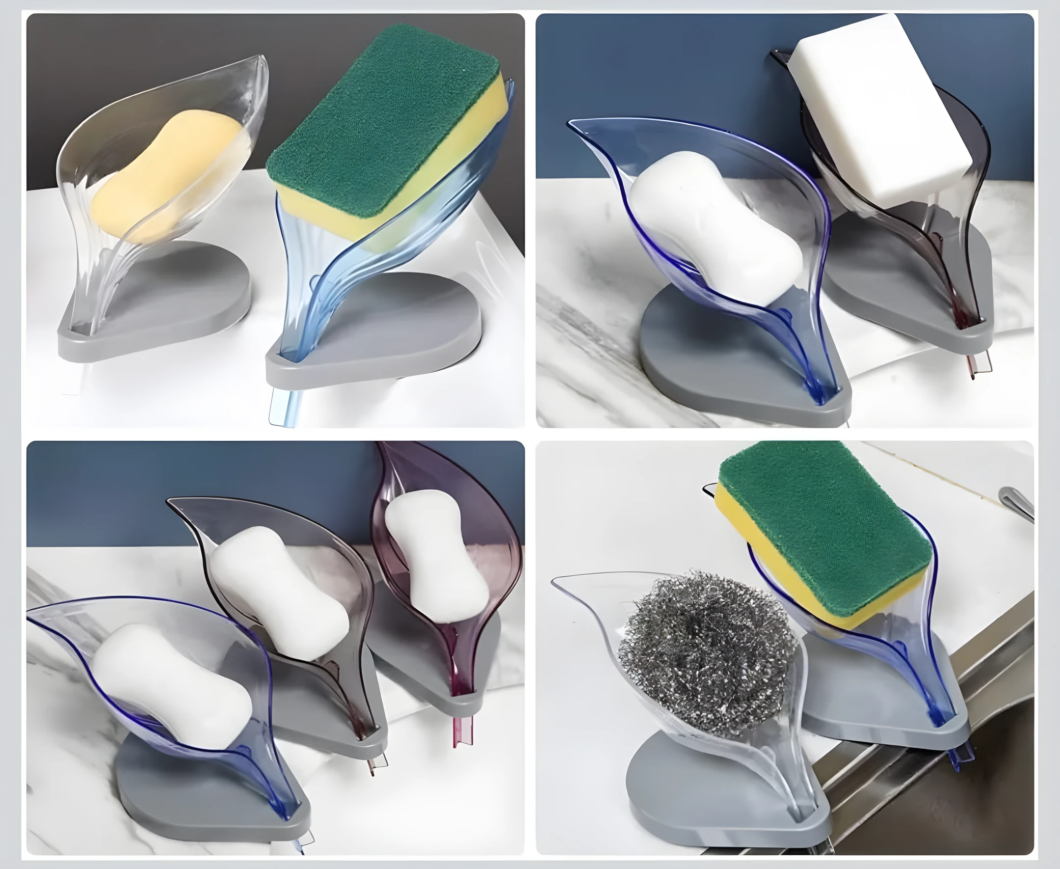 Set x2 jaboneras drenantes con forma de hoja, 1 transparente con jabón amarillo, 1 azul con esponja verde.