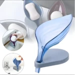 Jabonera azul con forma de hoja para baño y cocina, permite drenaje y mantiene el jabón seco.