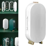 Joyero organizador transparente con compartimentos para collares y aretes, base dorada, ideal para tocador.