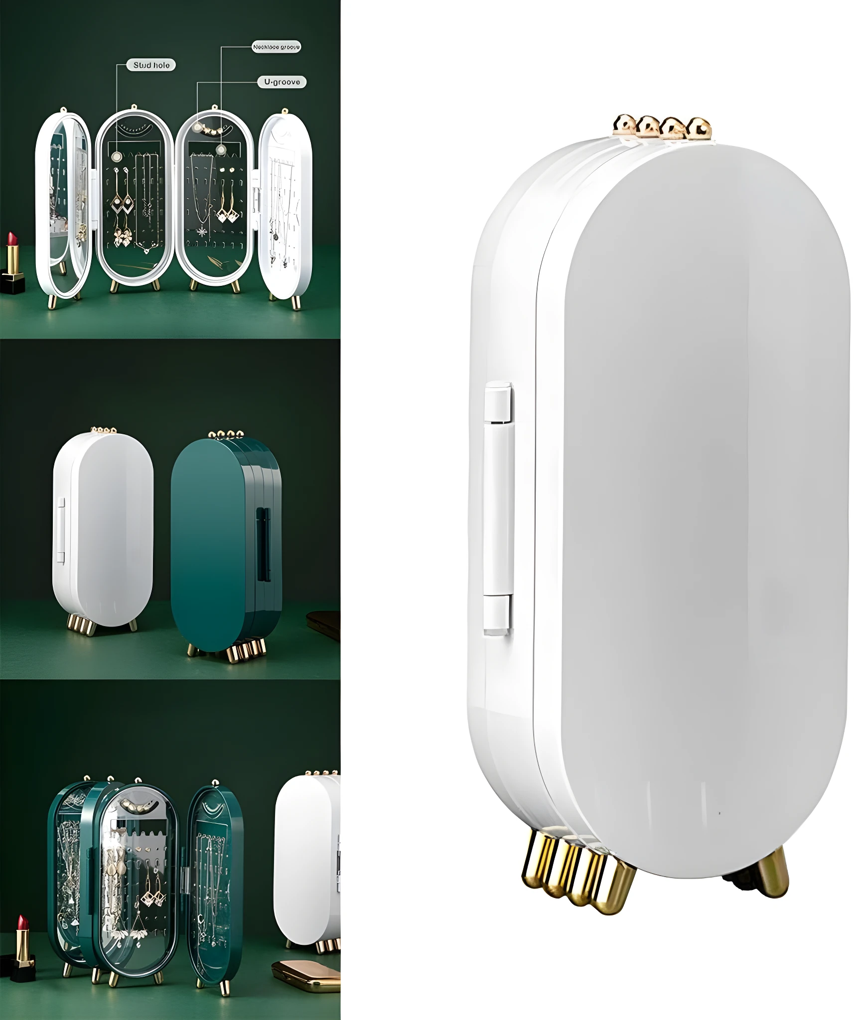 Joyero organizador transparente con compartimentos para collares y aretes, base dorada, ideal para tocador.