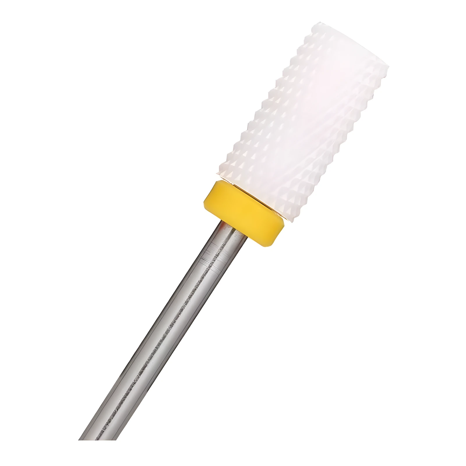 Broca de cerámica blanca cónica para manicura, con banda amarilla, para retirar esmalte.