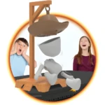 Juego de mesa Ahorcado con muñeco 3D que se desarma, niños reaccionan con sorpresa y risa.