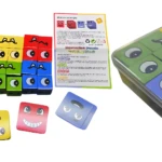 Rompecabezas de cubos con caras de emociones variadas y bellota de juego, ideal para niños.