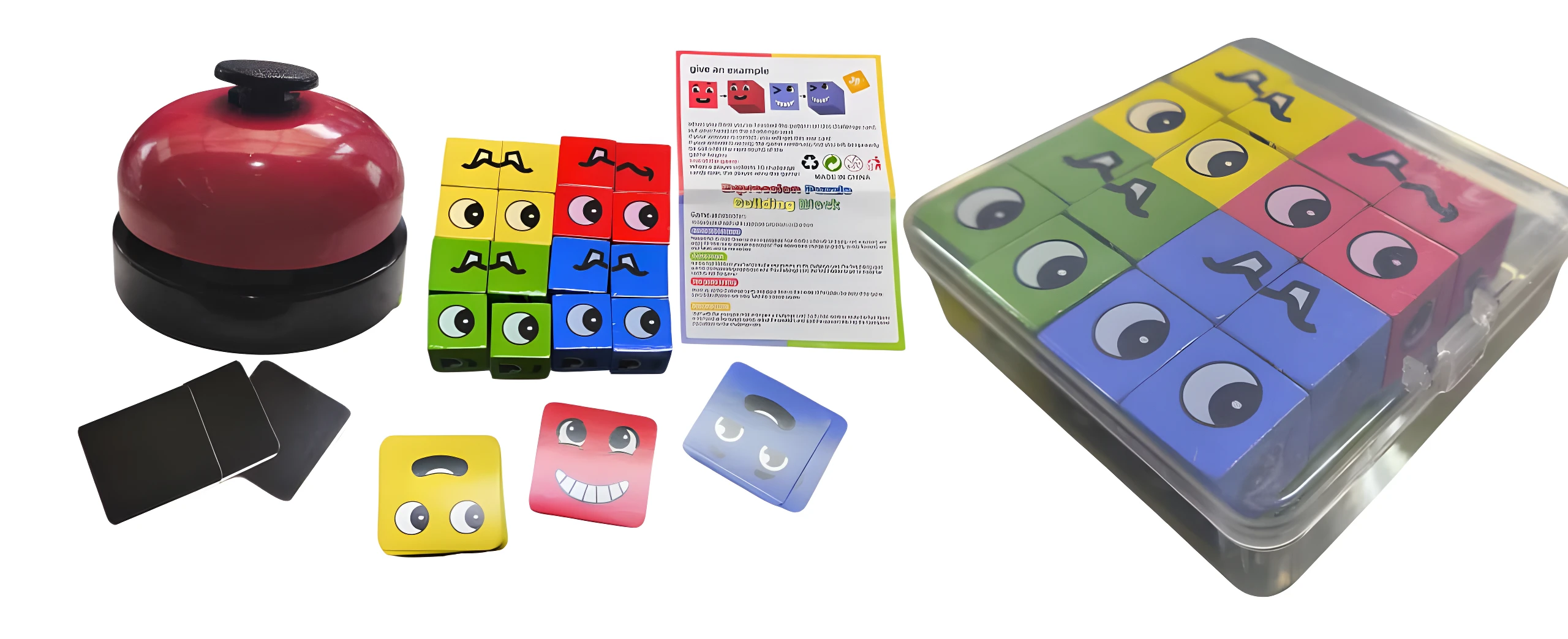 Rompecabezas de cubos con caras de emociones variadas y bellota de juego, ideal para niños.