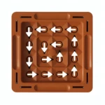 Tablero de juego Orbitalchess marrón con flechas blancas indicando movimientos.