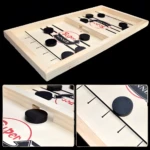 Juego de mesa foosball de madera con discos negros en acción. Vista isométrica.