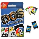 Juego de cartas DOS, similar a UNO, con caja azul y cartas con números y símbolos.