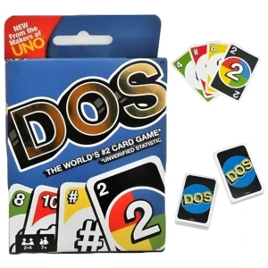 Juego de cartas DOS, similar a UNO, con caja azul y cartas con números y símbolos.