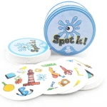 Juego Spot It de percepción visual en lata azul con cartas de temática marina: pulpo, faro, pez y más.