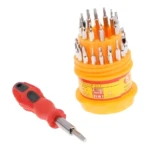 Set de destornilladores de precisión 31 en 1, con mango rojo y naranja, ideal para electrónicos.