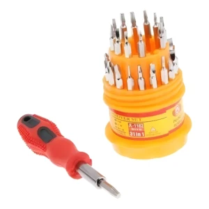 Set de destornilladores de precisión 31 en 1, con mango rojo y naranja, ideal para electrónicos.