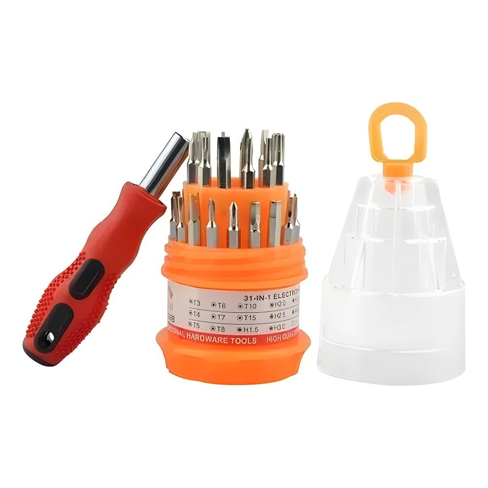 Set destornilladores precisión 31 piezas con mango rojo y base naranja, ideal para electrónicos.