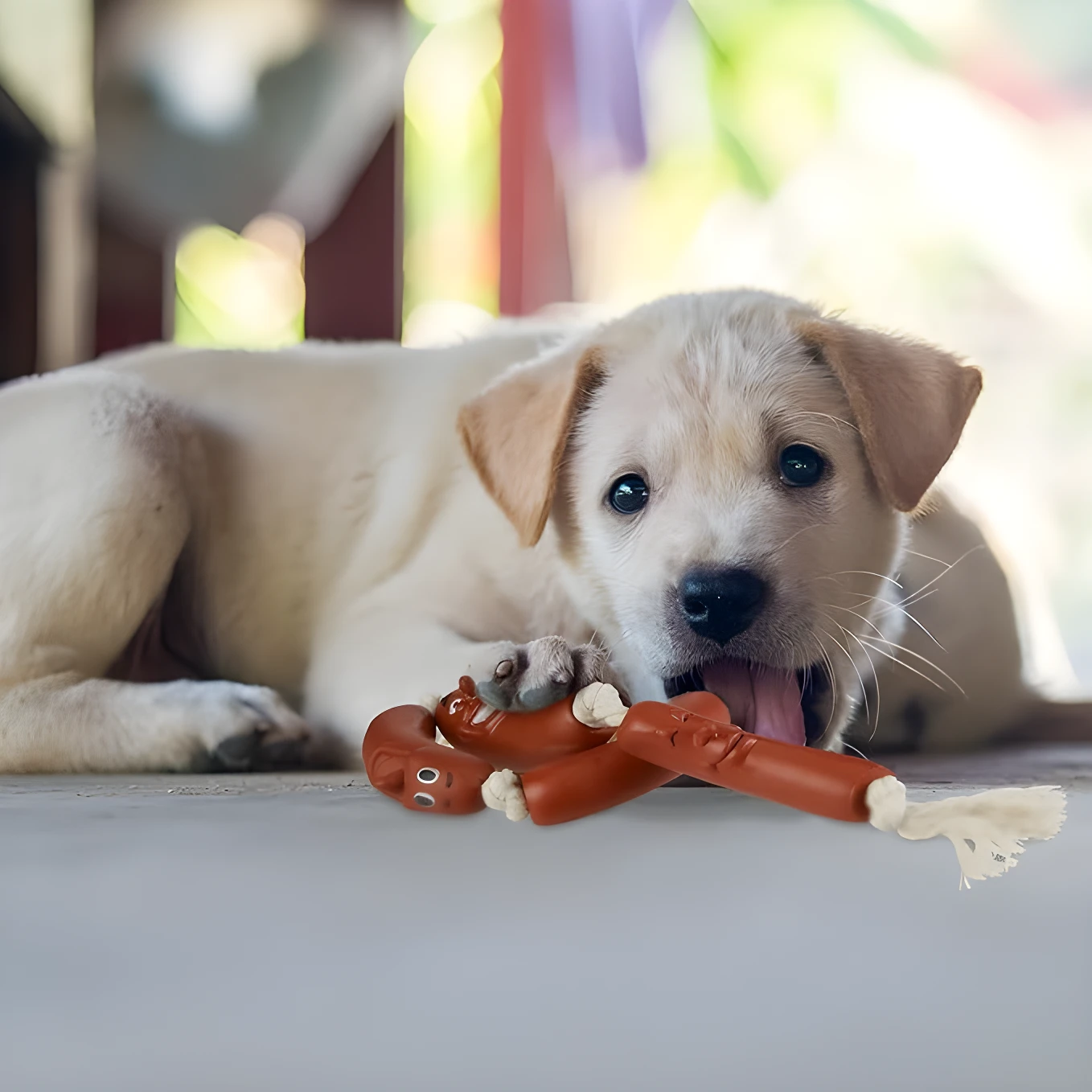 Cachorro blanco jugando con dos juguetes masticables de goma marrón con forma de salchicha y cuerda blanca.