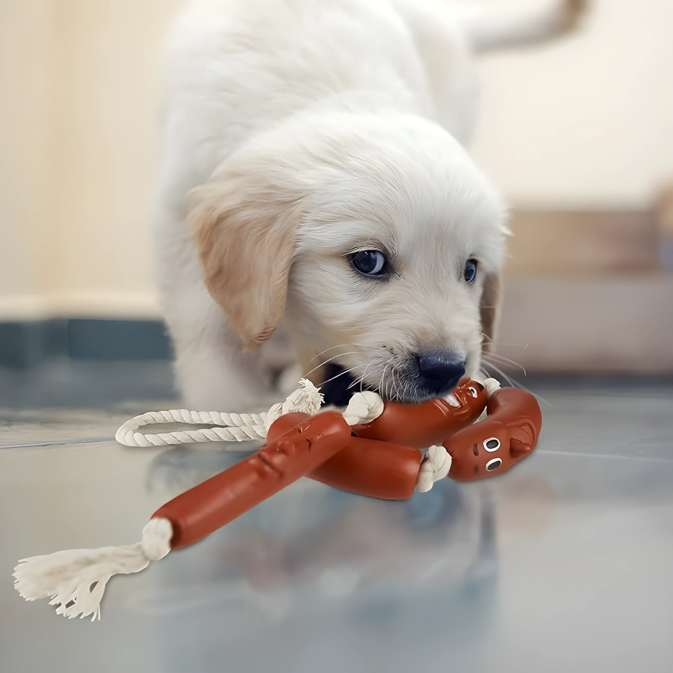 Cachorro golden retriever jugando con dos juguetes masticables marrones con forma de salchicha y cuerda.
