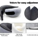 Almohada de viaje gris con velcro para ajuste, forro transpirable y cremallera oculta. Interior de espuma viscoelástica.