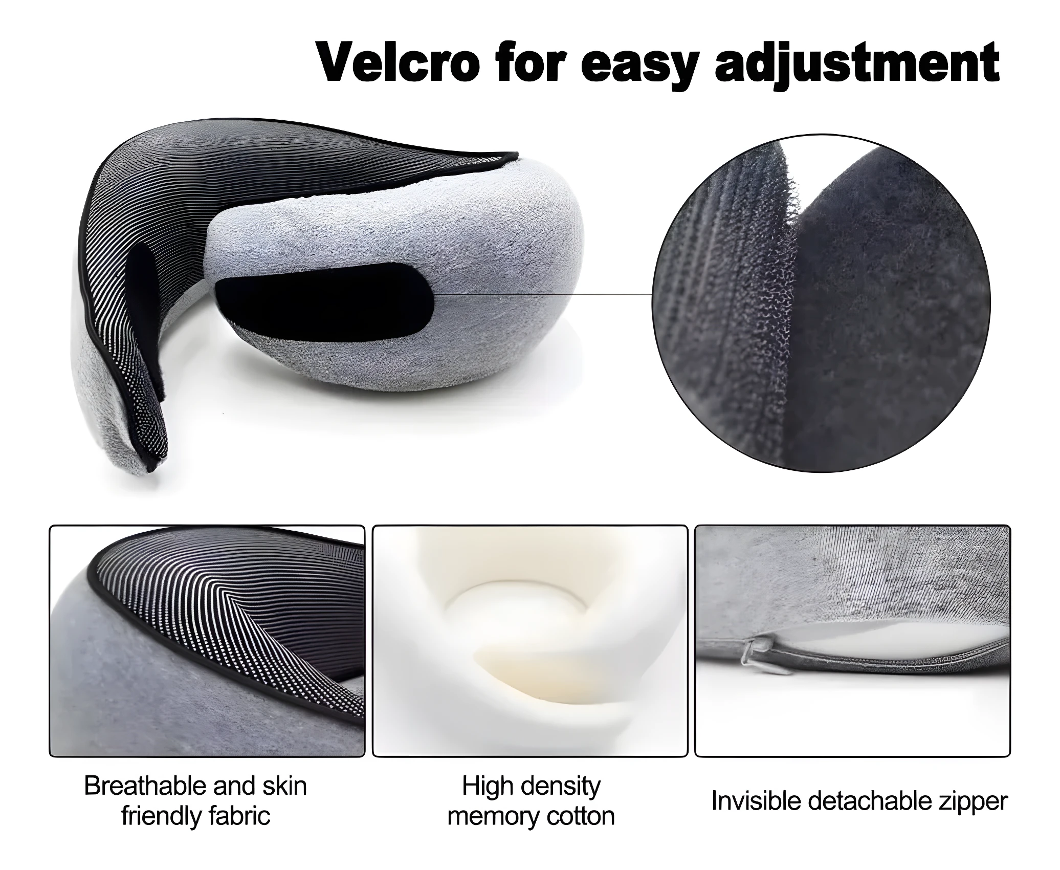 Almohada de viaje gris con velcro para ajuste, forro transpirable y cremallera oculta. Interior de espuma viscoelástica.