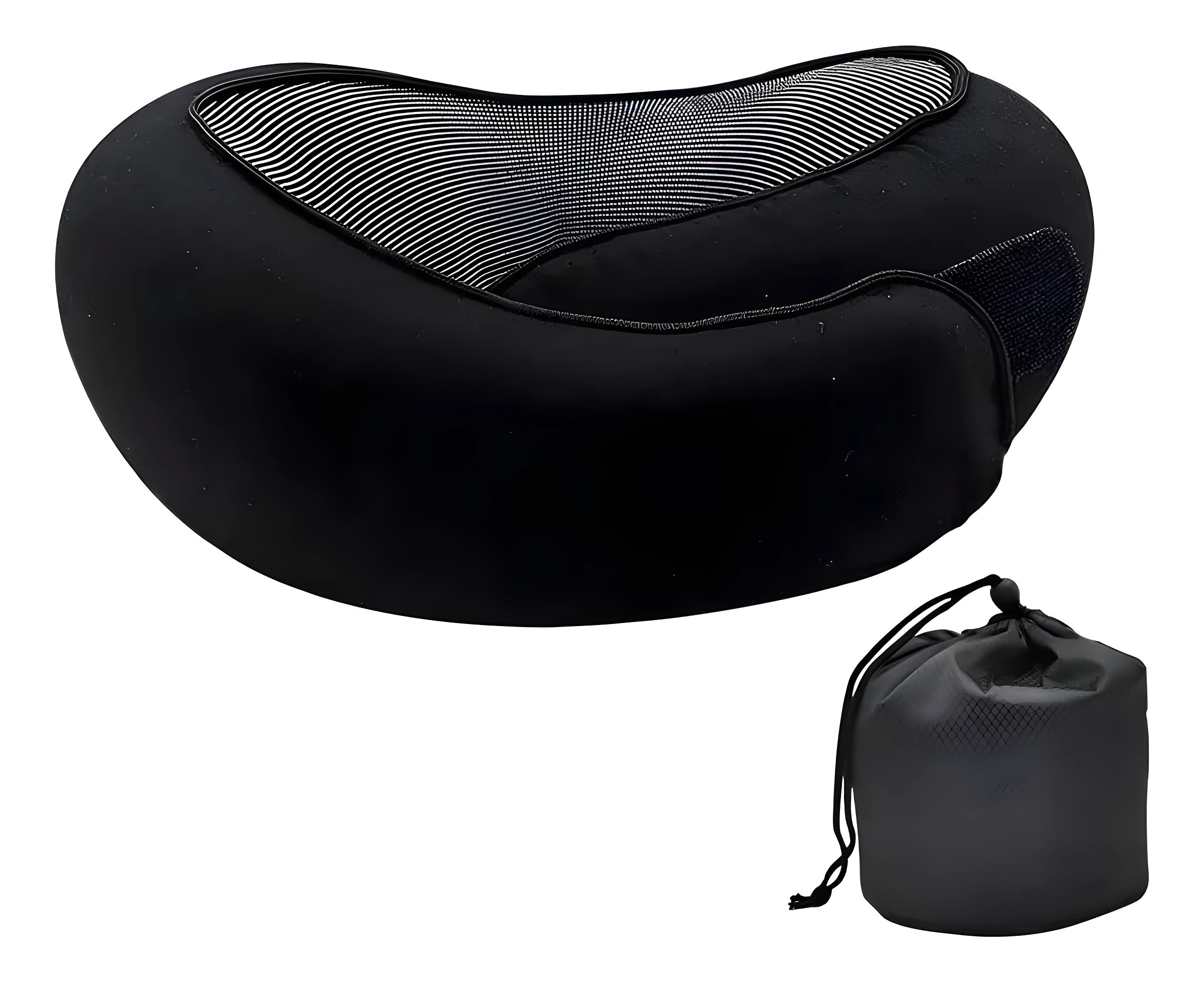 Almohada viajera de espuma memoria negra con sección transpirable a rayas, incluye bolsa de compresión con cordón.