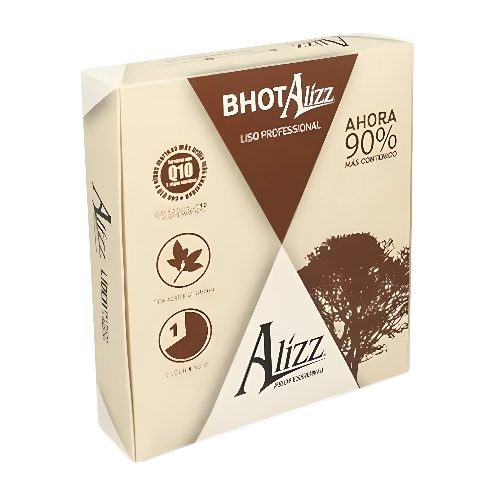 Caja Kit Alisado Bhot Alizz Professional con 90% más contenido, color beige y café, ideal para alisar cabello.