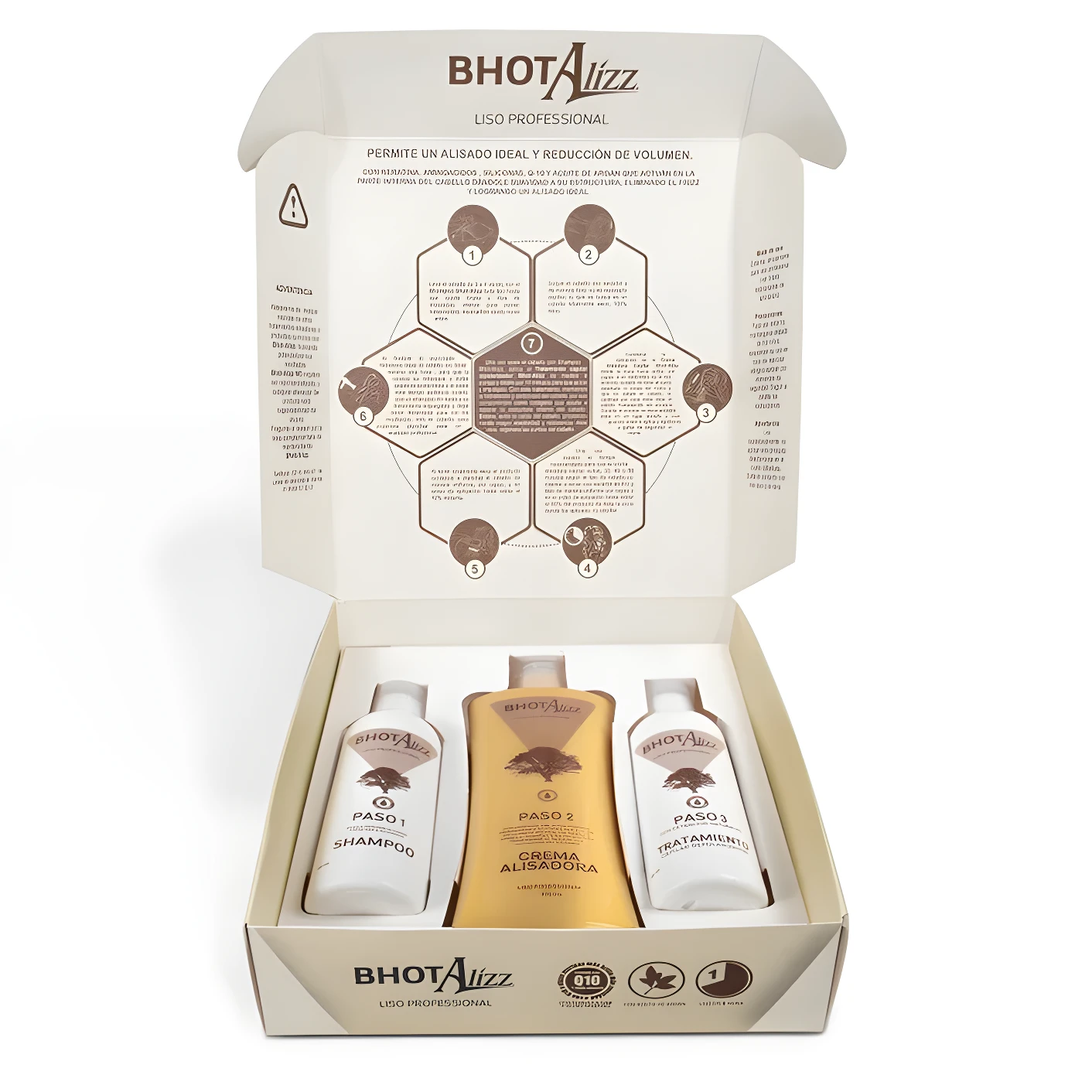 Kit Bhot Alizz Professional con 3 pasos: shampoo, crema alisadora y tratamiento. Alisa y controla volumen.