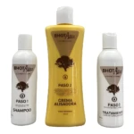 Kit de alisado Bhot Alizz Professional con shampoo, crema alisadora y tratamiento capilar en envases de 240g y 230ml.
