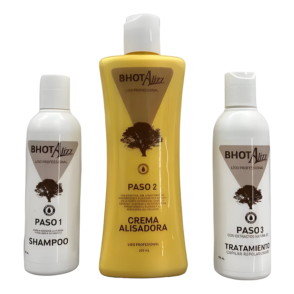 Kit de alisado Bhot Alizz Professional con shampoo, crema alisadora y tratamiento capilar en envases de 240g y 230ml.