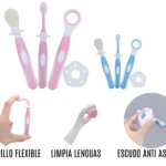 Set de cepillos de entrenamiento para bebé, rosa y azul, con limpiador de lengua y escudo anti asfixia.