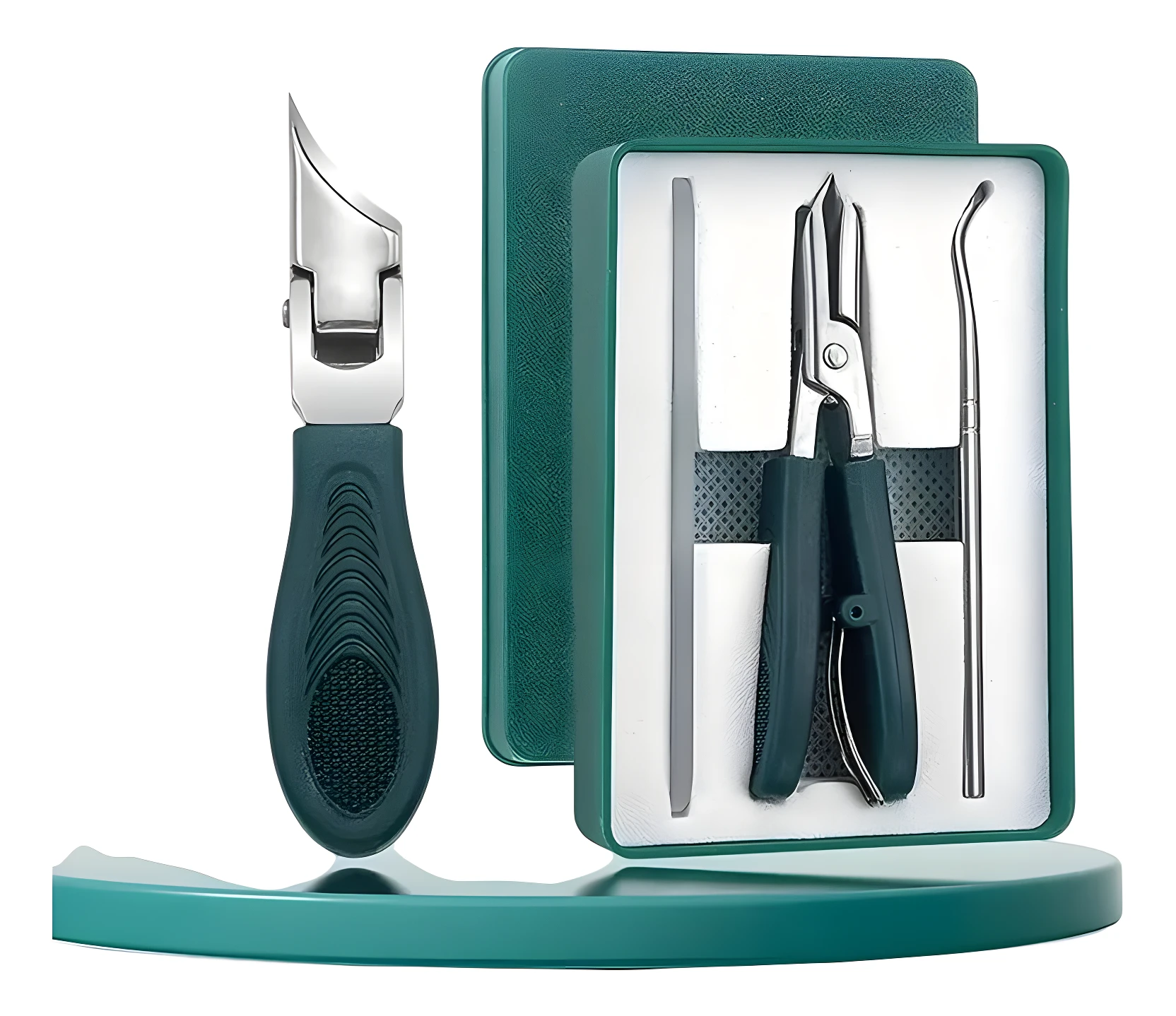 Set de pedicura profesional verde oscuro: cortaúñas, lima y limpiador de uñas metálico en estuche.