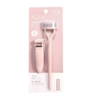 Kit rizador de pestañas portátil color rosa claro con peine separador integrado.