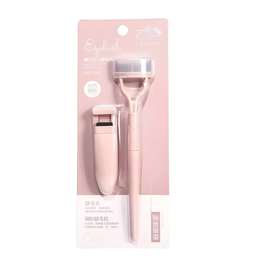 Kit rizador de pestañas portátil color rosa claro con peine separador integrado.