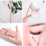 Rizador y peine separador de pestañas portátil, color rosa pastel, mostrando el peine metálico y su uso en el ojo.