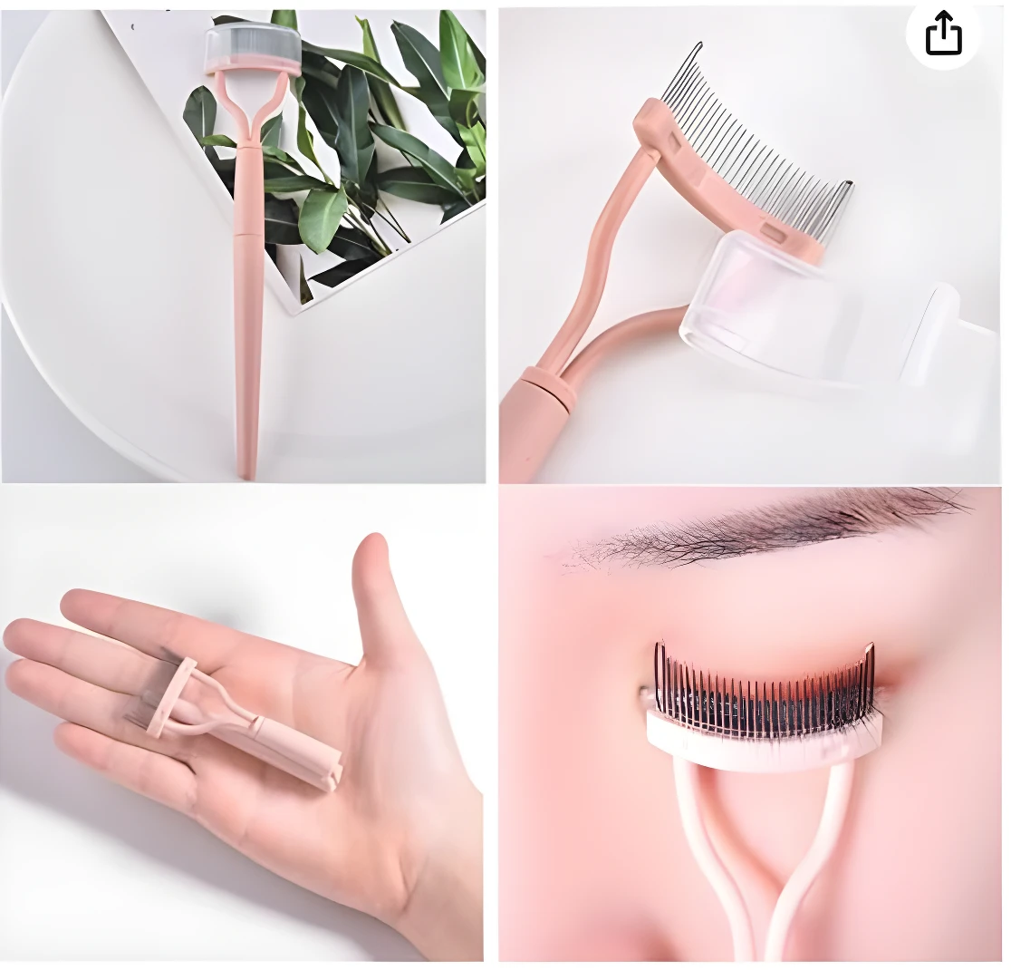 Rizador y peine separador de pestañas portátil, color rosa pastel, mostrando el peine metálico y su uso en el ojo.