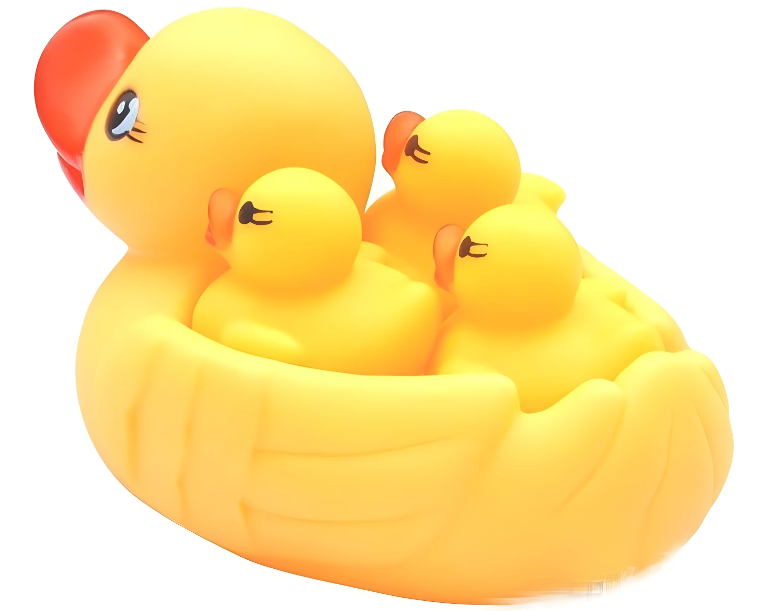 Jabonera de hule amarillo con forma de pato madre y dos patitos bebés, ideal para el baño infantil.