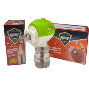 Repelente eléctrico Hacker verde y blanco con líquido limón, caja y calentador rojo, para eliminar mosquitos.