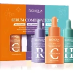Set 3 serums faciales BIOAQUA: Vitamina C (naranja), Retinol (morado) y Ácido Hialurónico (verde), en caja combinada.