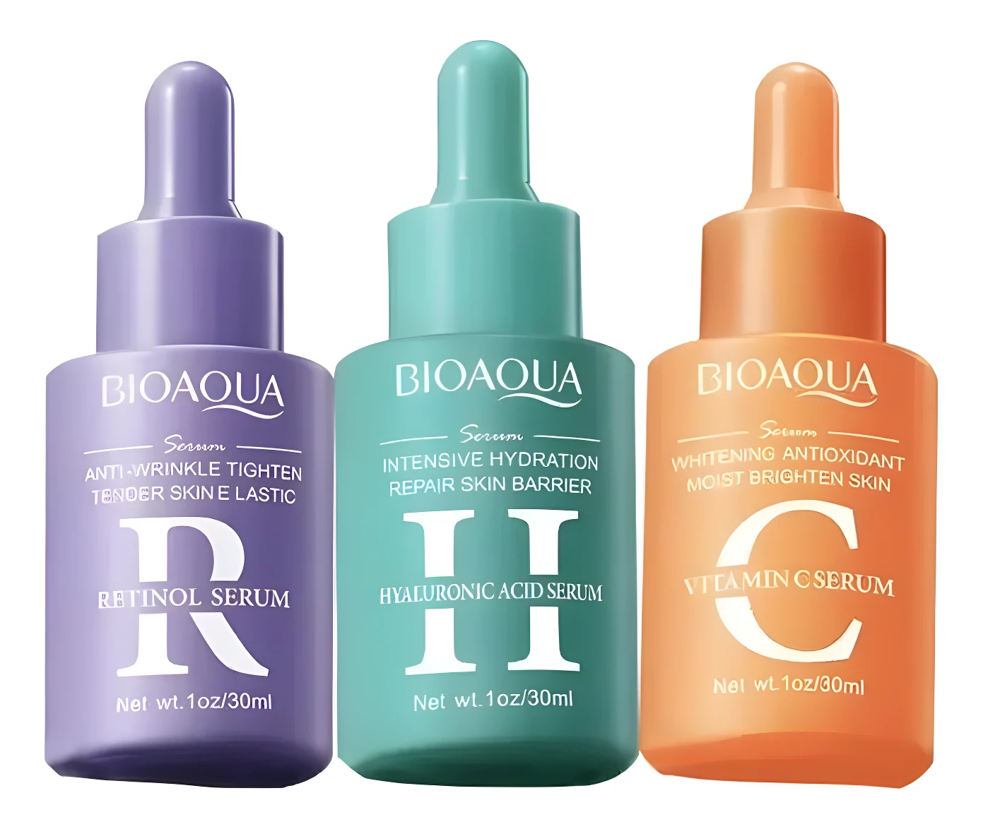 Trío de sueros BIOAQUA: Retinol (lila), Ácido Hialurónico (verde) y Vitamina C (naranja), 30ml cada uno, para antiedad.