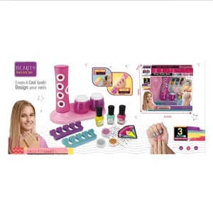 Kit de uñas con base organizadora rosa, esmaltes, separadores de dedos y accesorios para decorar uñas.