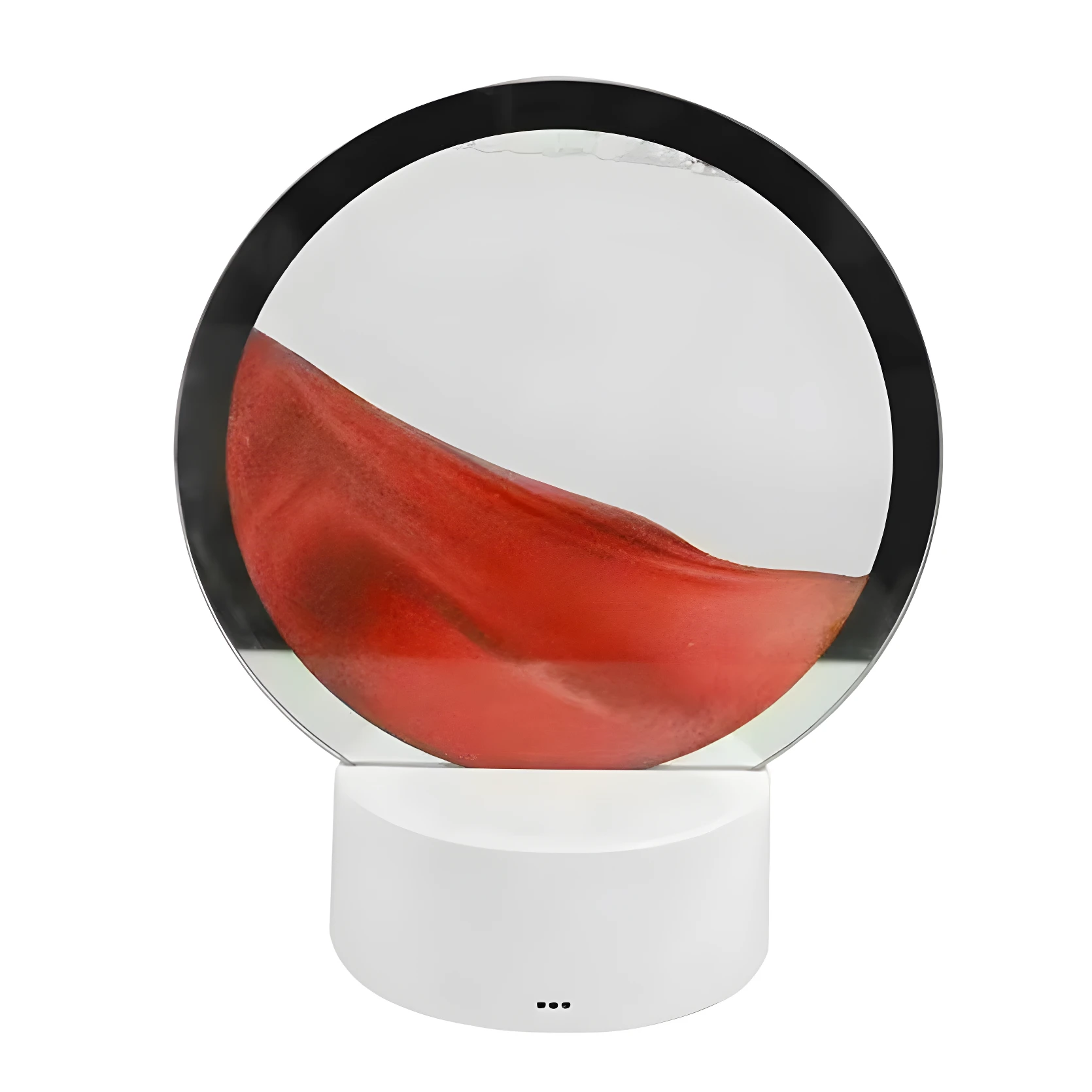 Lámpara de escritorio de arena roja 3D en forma de círculo con base blanca táctil y luz RGB.