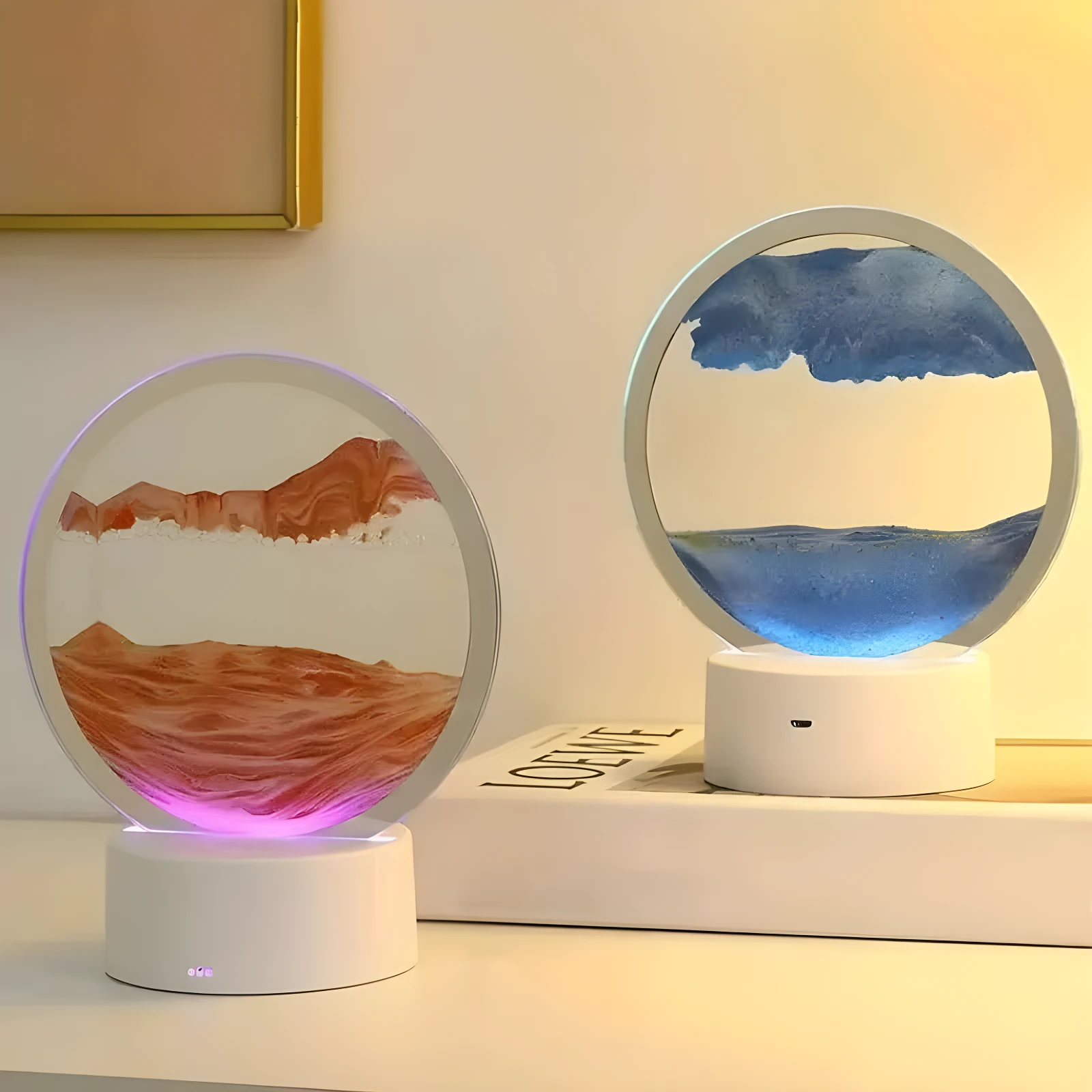Lámpara de escritorio de arena movediza 3D con luz RGB, modelo de montaña naranja y mar azul, decorativa y relajante.