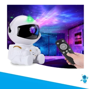 Proyector luz nocturna LED en forma de astronauta blanco proyectando nebulosa azul y morada en una habitación, controlado con un mando remoto negro.